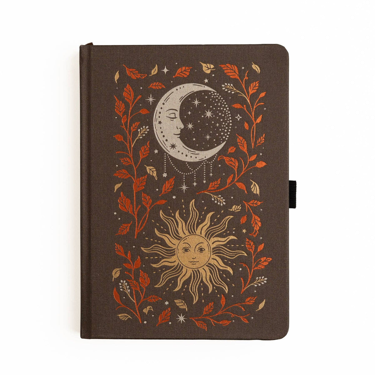 A dark brown hardcover journal featuring a celestial design with a crescent moon, sun, stars, and orange autumn leaves, shown on a plain white background.