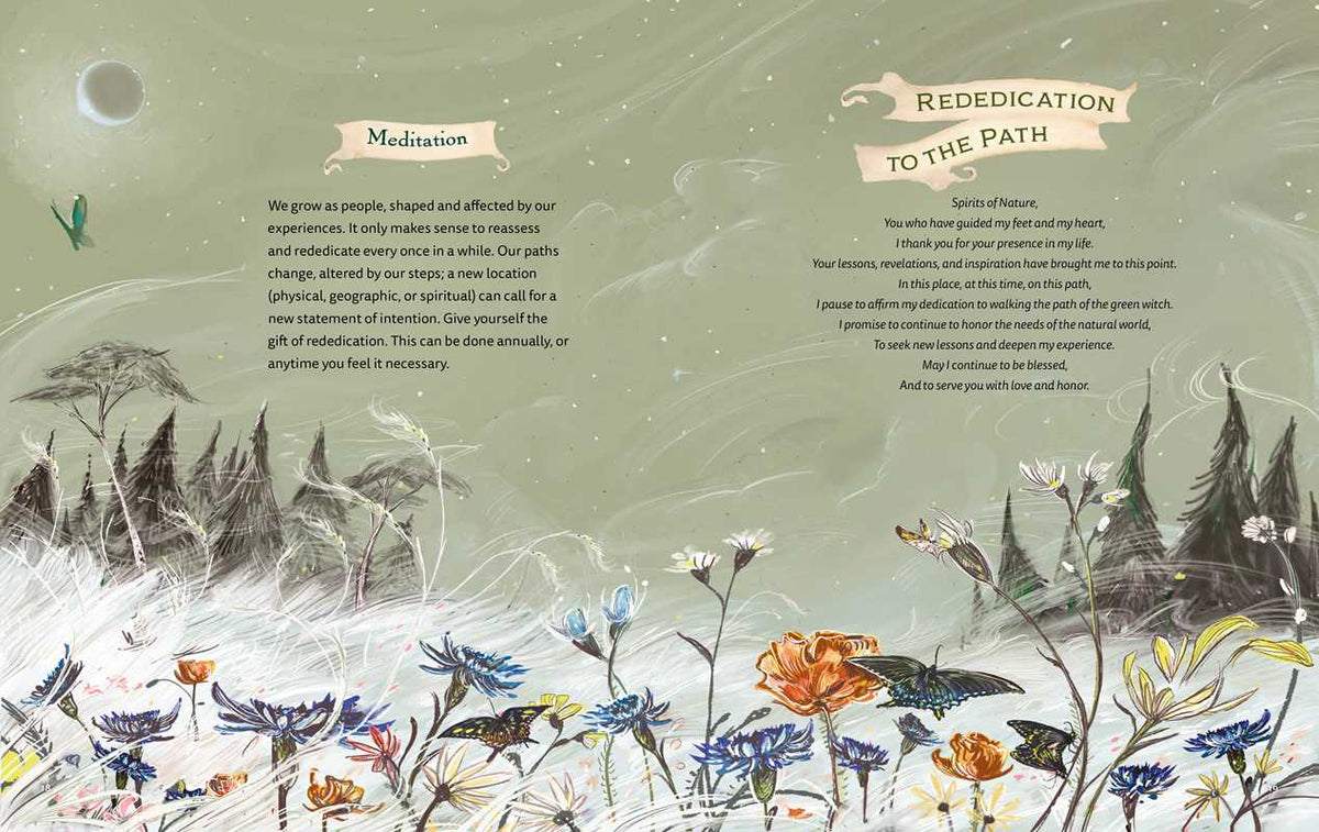 Nature-themed page with text and illustrations of plants and animals on a green background