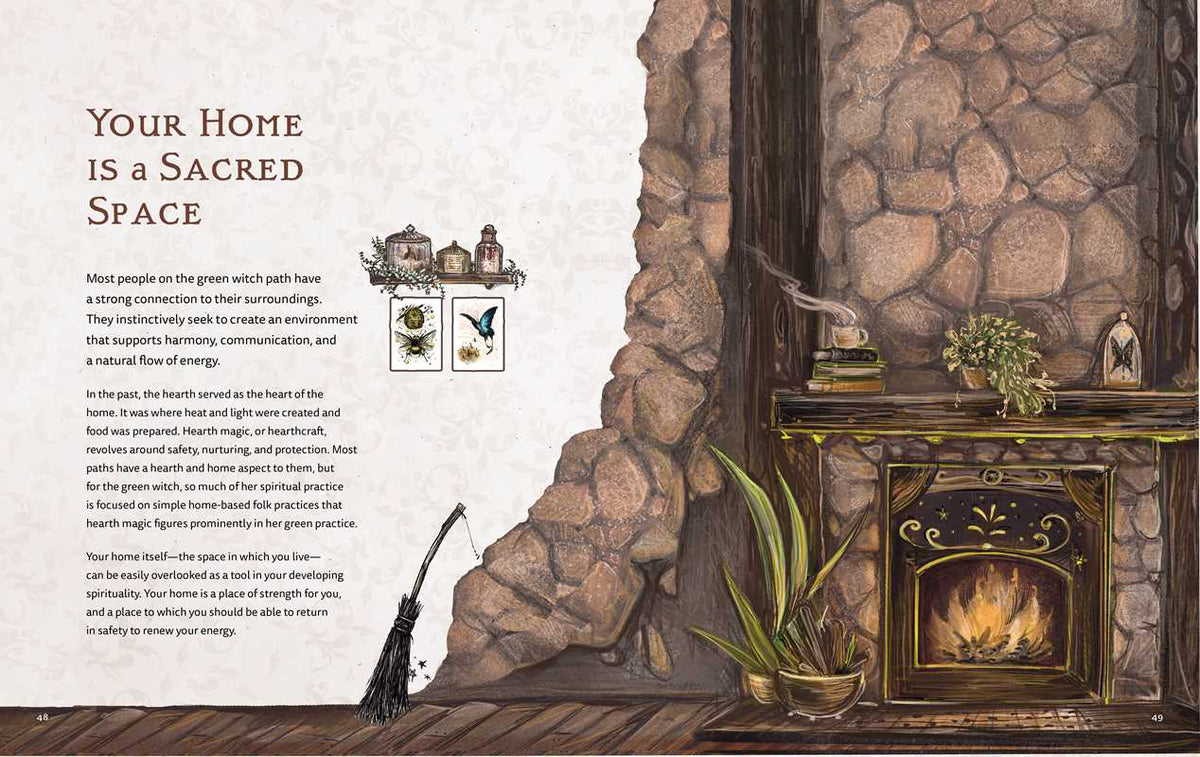 Decorative interior design with stone wall, fireplace, and plants, featuring text about home as a sacred space.
