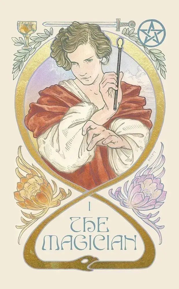 Art Nouveau-style card featuring 'The Magician' with a person holding a sword and surrounded by decorative elements.