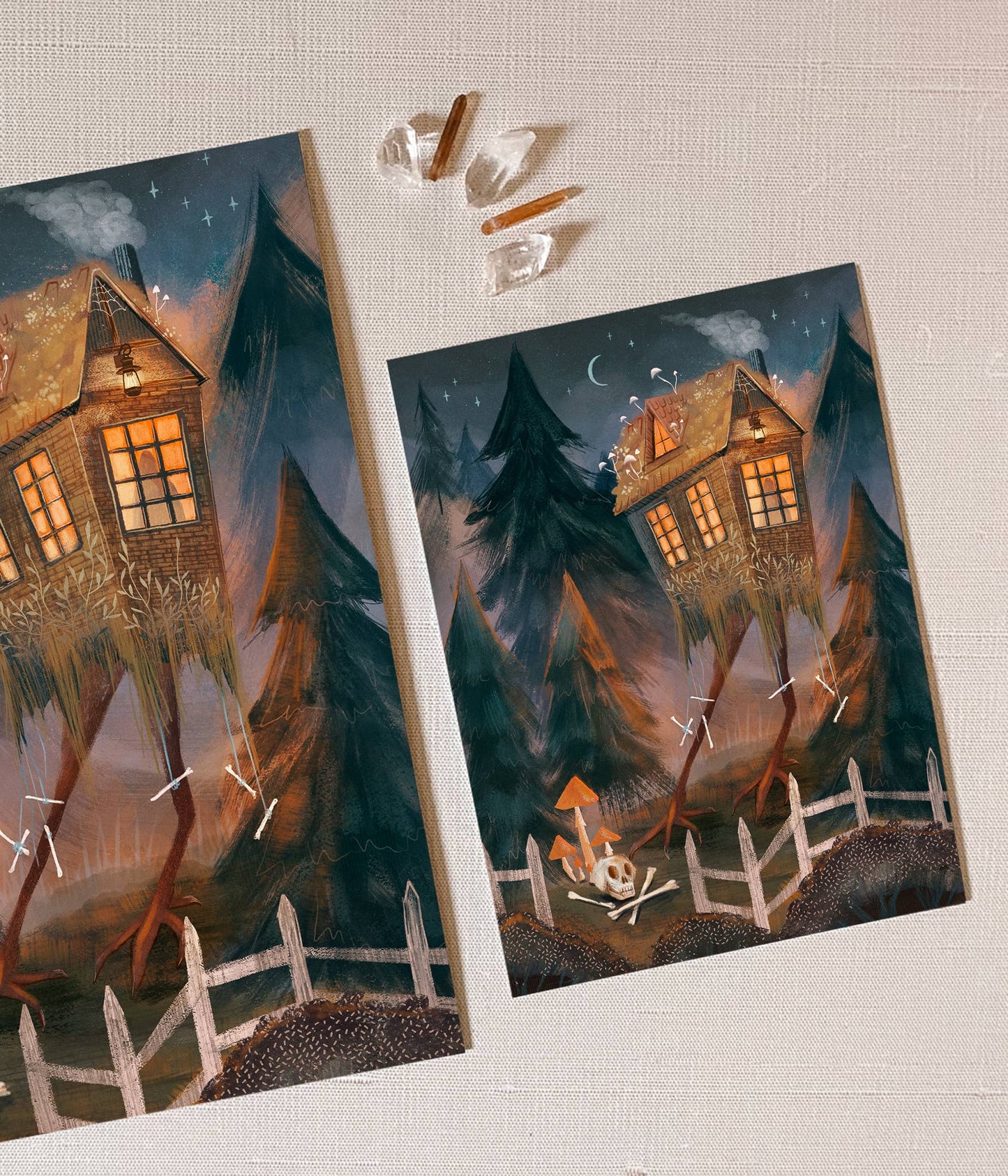 Two illustrations of a treehouse in a forest with a campfire and stars on a textured surface.