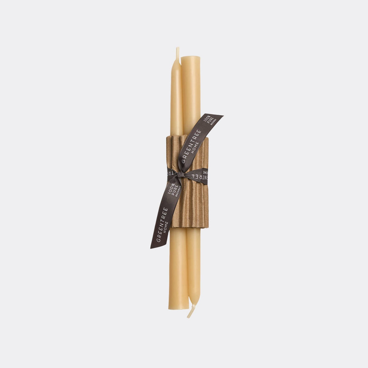 Two natural beige taper candles wrapped together with a brown wooden sleeve and a dark brown ribbon printed with the brand name 'WANDERER'.