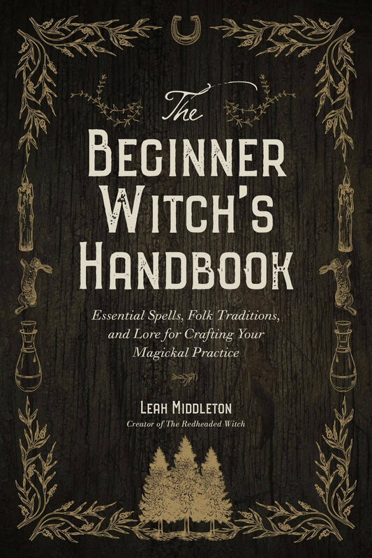 Book cover of 'The Beginner Witch's Handbook' with decorative elements on a dark background
