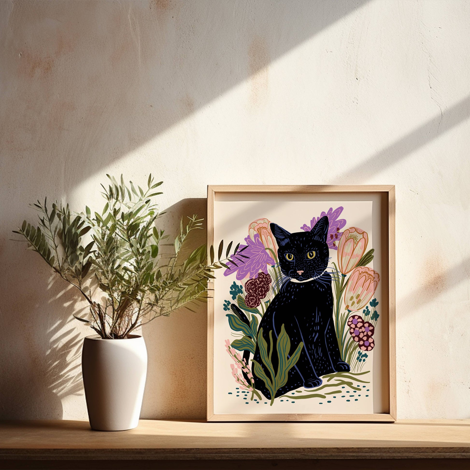Black Cat art print with colorful flowers