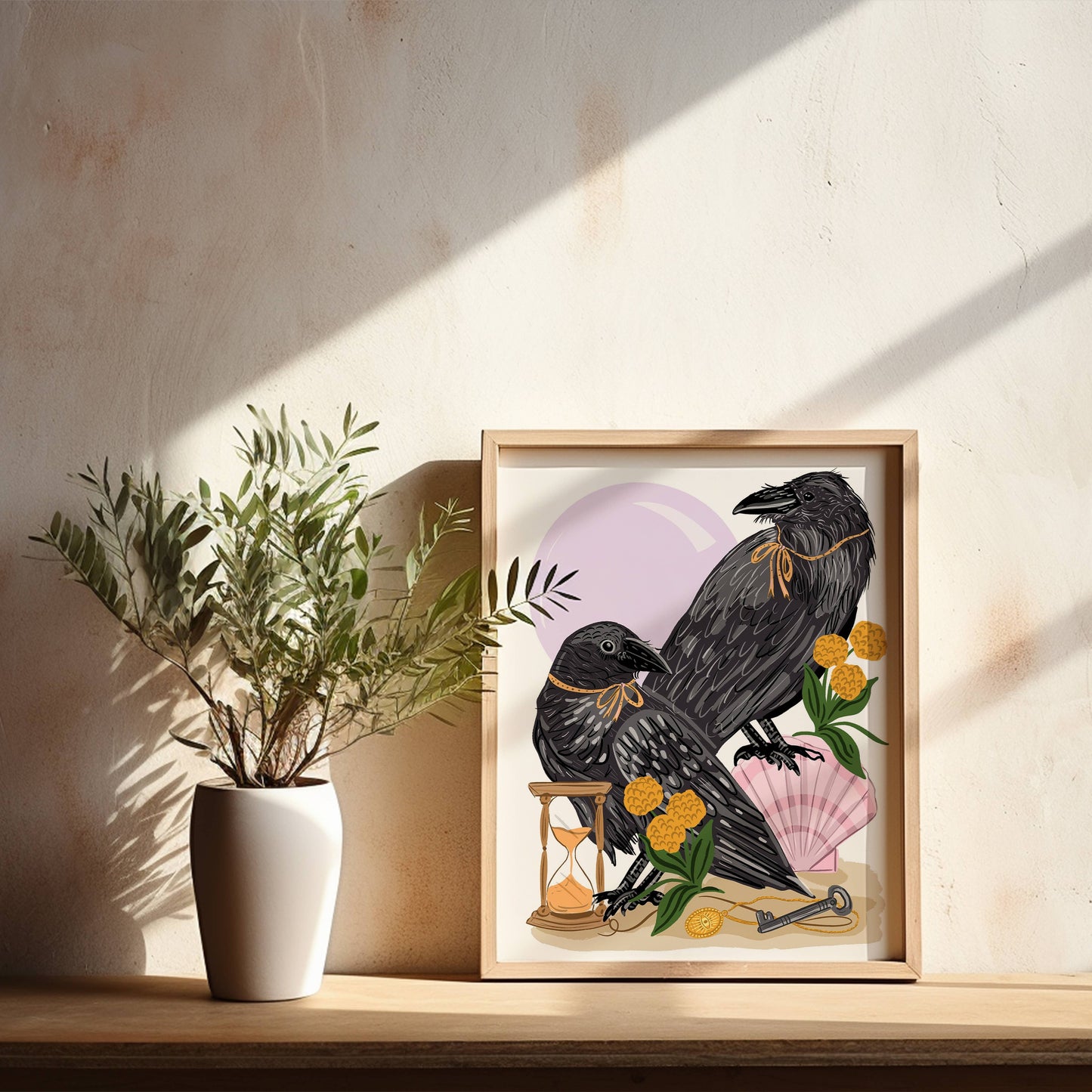 Tara Reed Crows and Curiosities print in a wood frame.