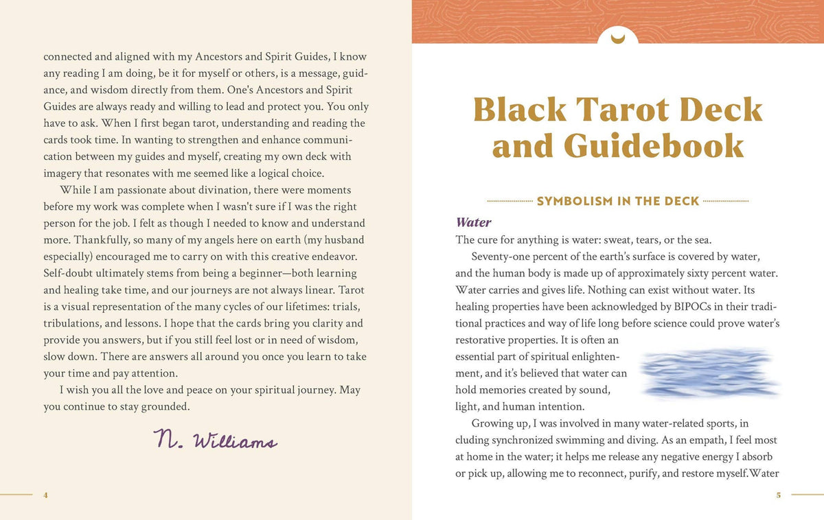 A printed page from a tarot deck guidebook or booklet, with two columns of black text on a white background and the title 'Black Tarot Deck and Guidebook' in large gold font at the top right.