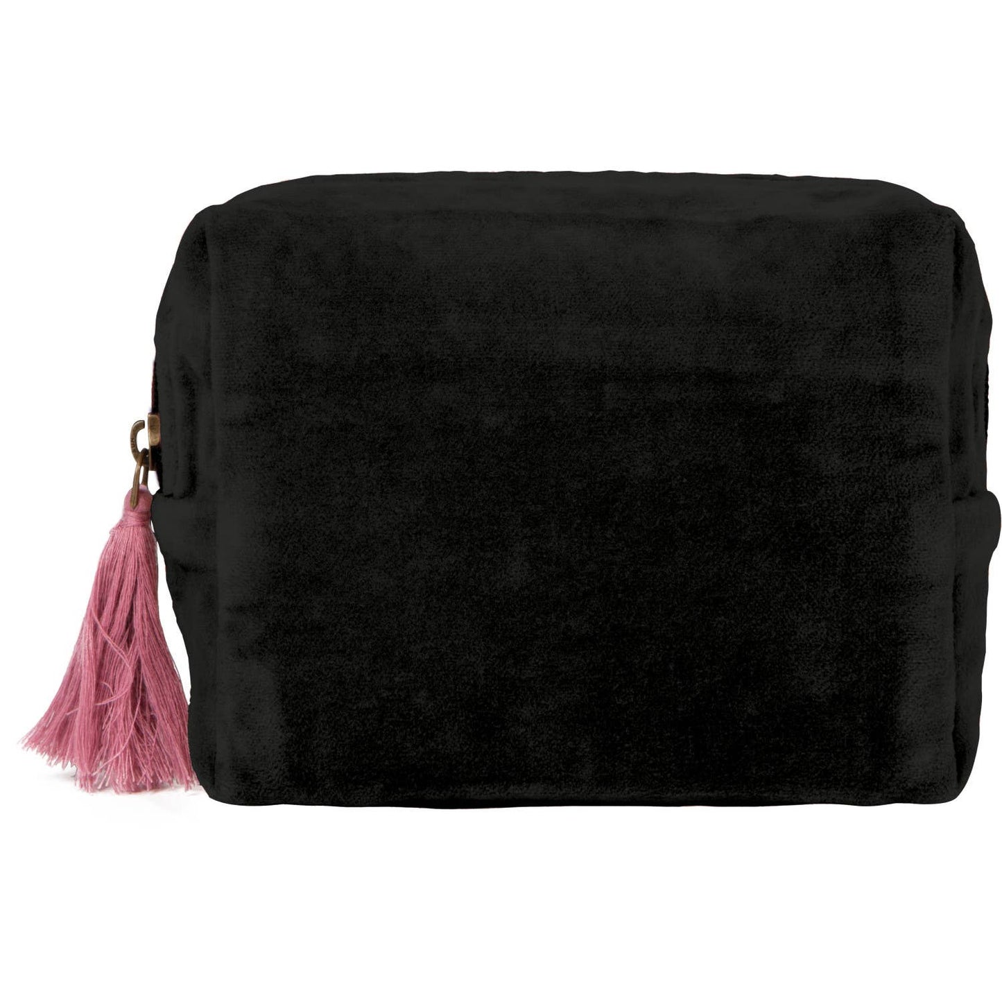 Black pouch with a pink tassel on a white background