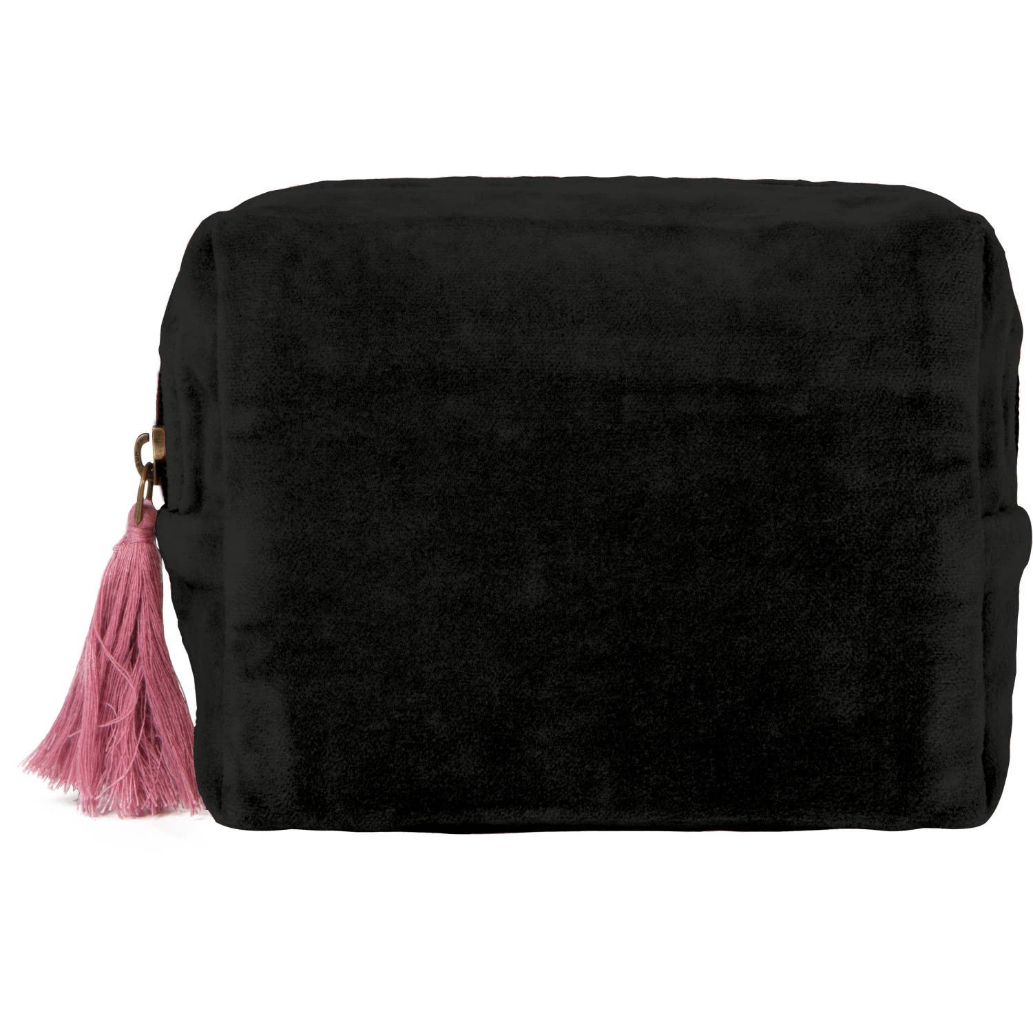 Black pouch with a pink tassel on a white background