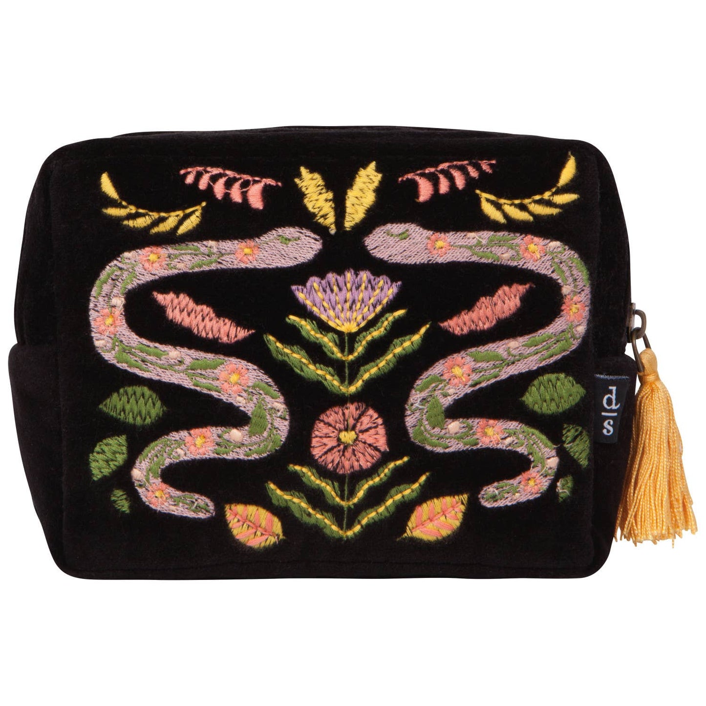 Black pouch with embroidered snake and floral design on a white background