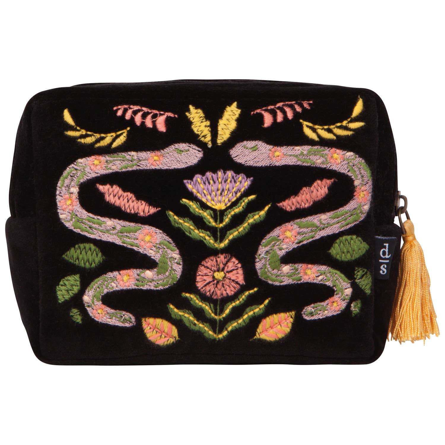 Black pouch with embroidered snake and floral design on a white background