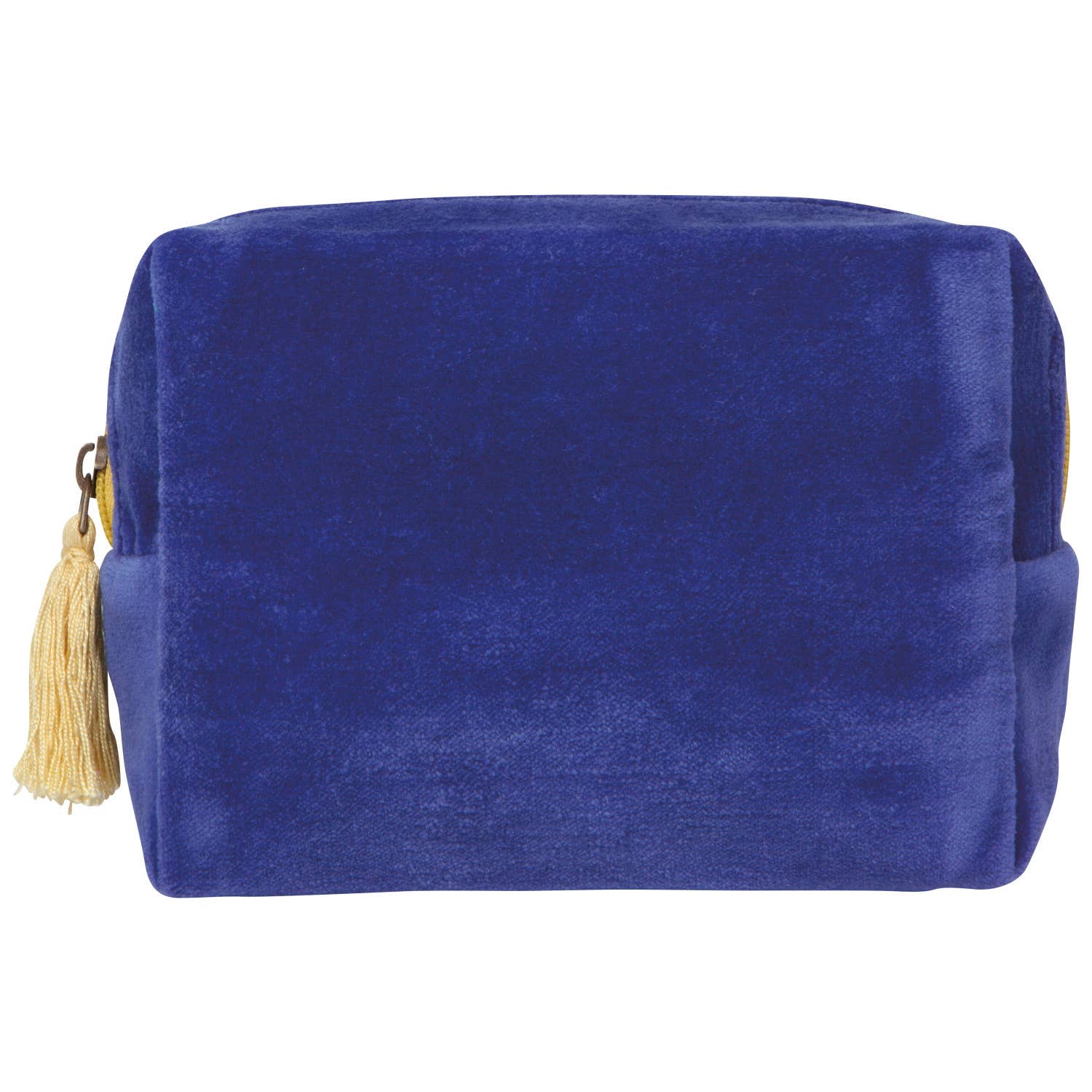 Blue velvet pouch with a yellow tassel on a white background