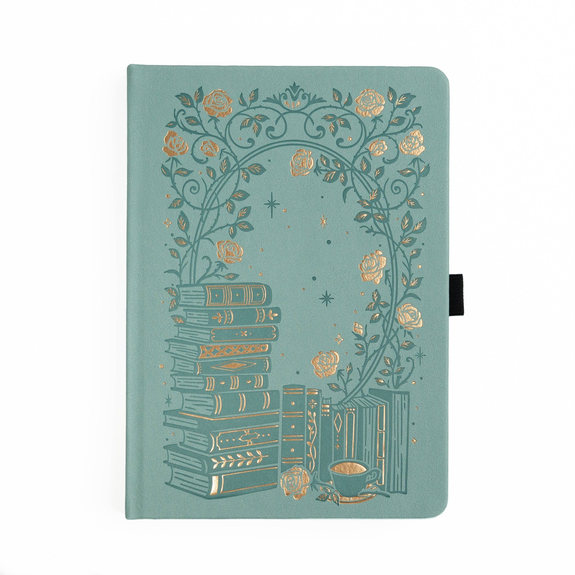 Decorative notebook with gold illustrations on a teal background