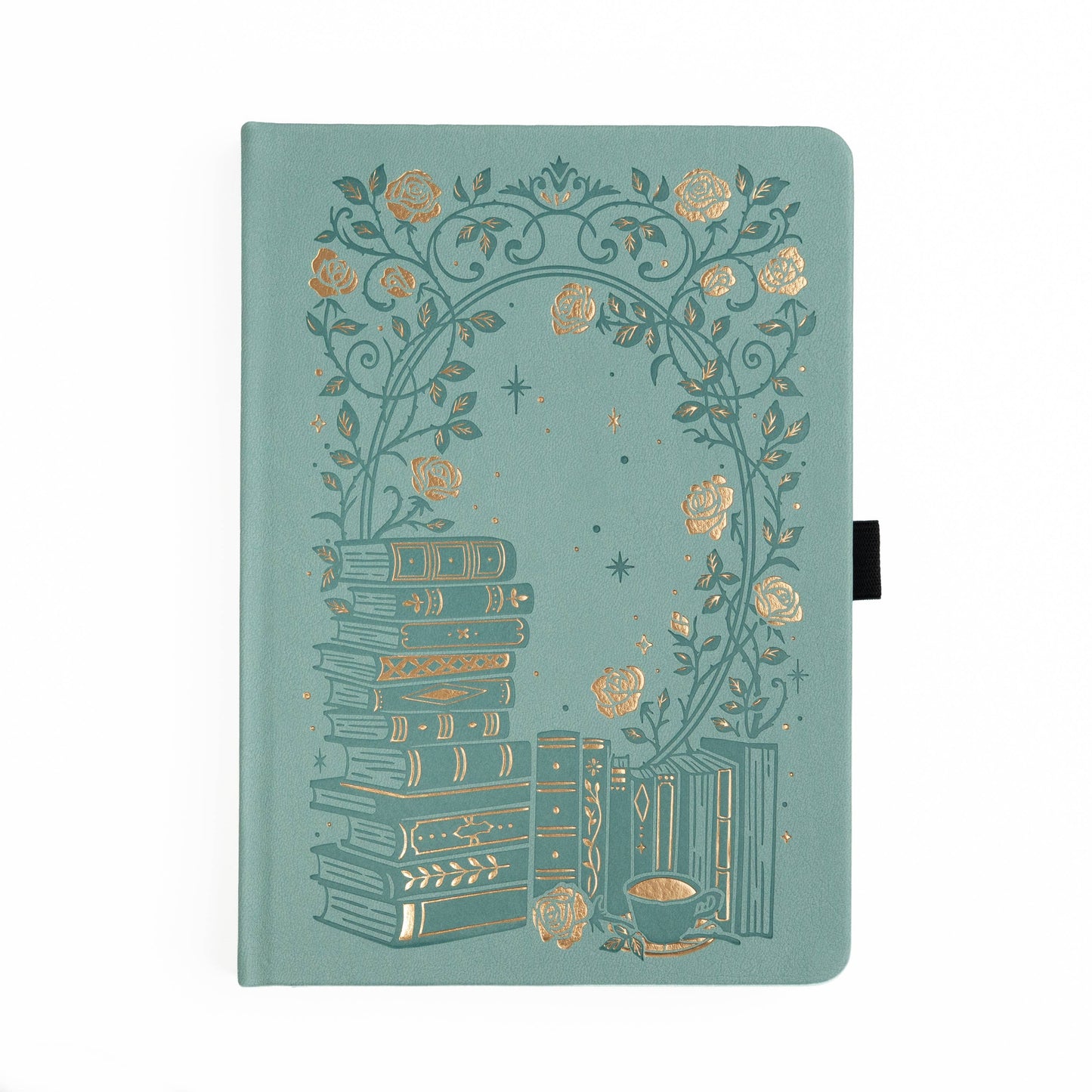 Decorative notebook with gold illustrations on a teal background