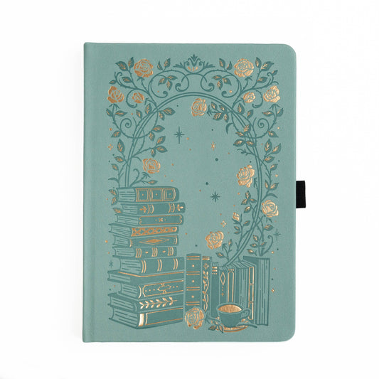 Decorative notebook with gold illustrations on a teal background