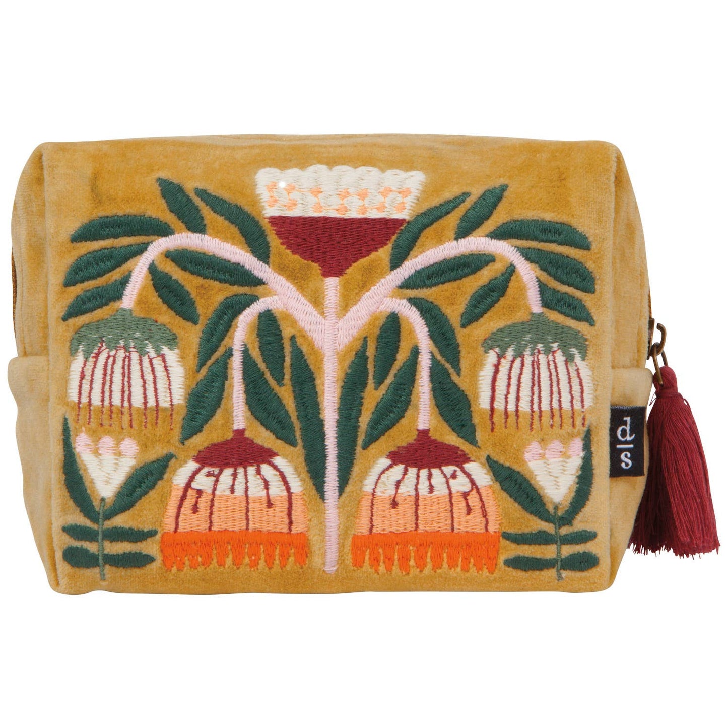 Yellow pouch with floral embroidery and tassel on a white background