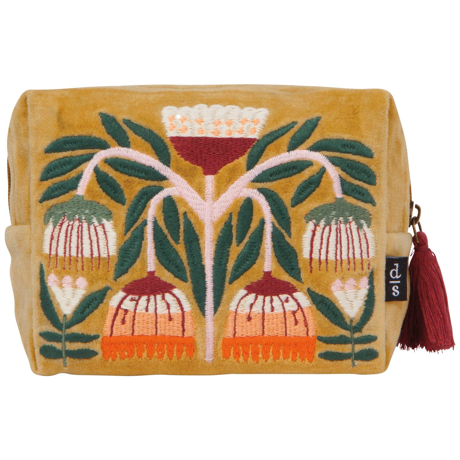 Yellow pouch with floral embroidery and tassel on a white background