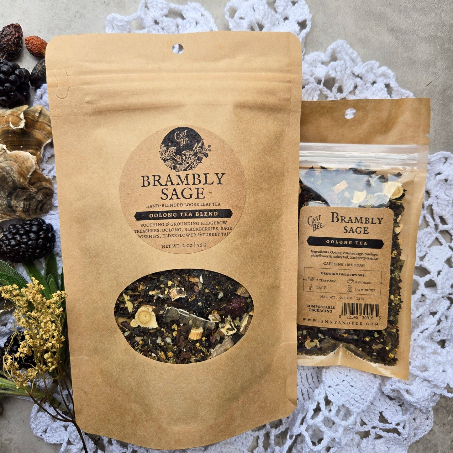 Brambly Sage tea packaging with tea leaves visible on a textured surface