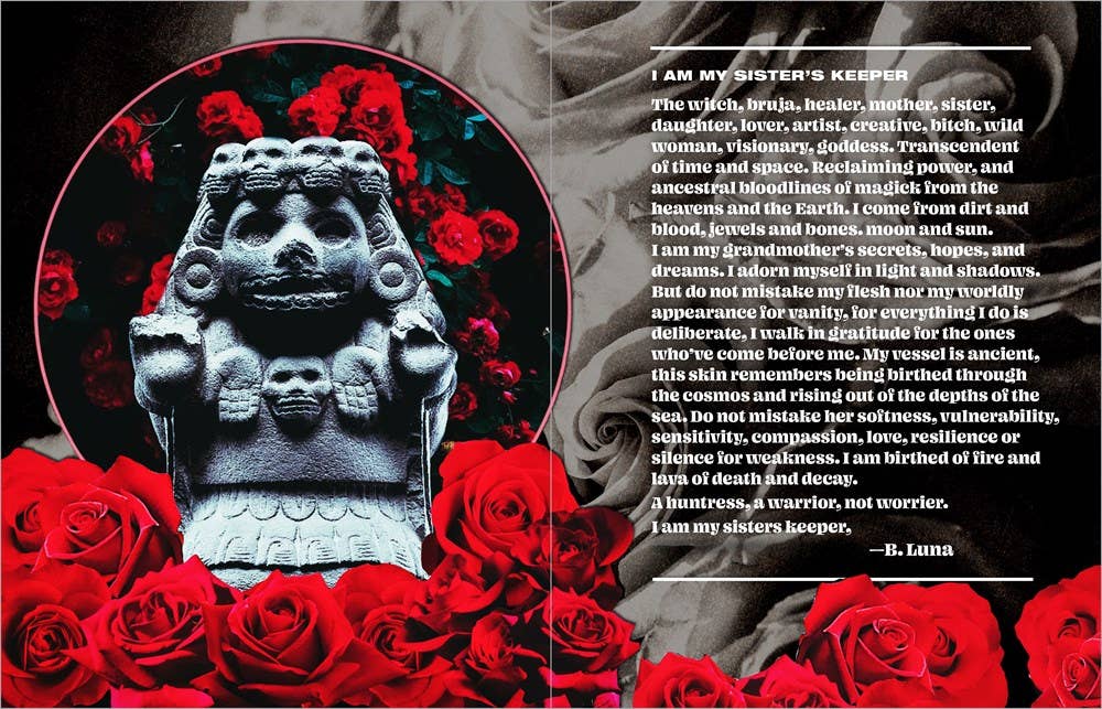 Statue with red roses and text on a dark background