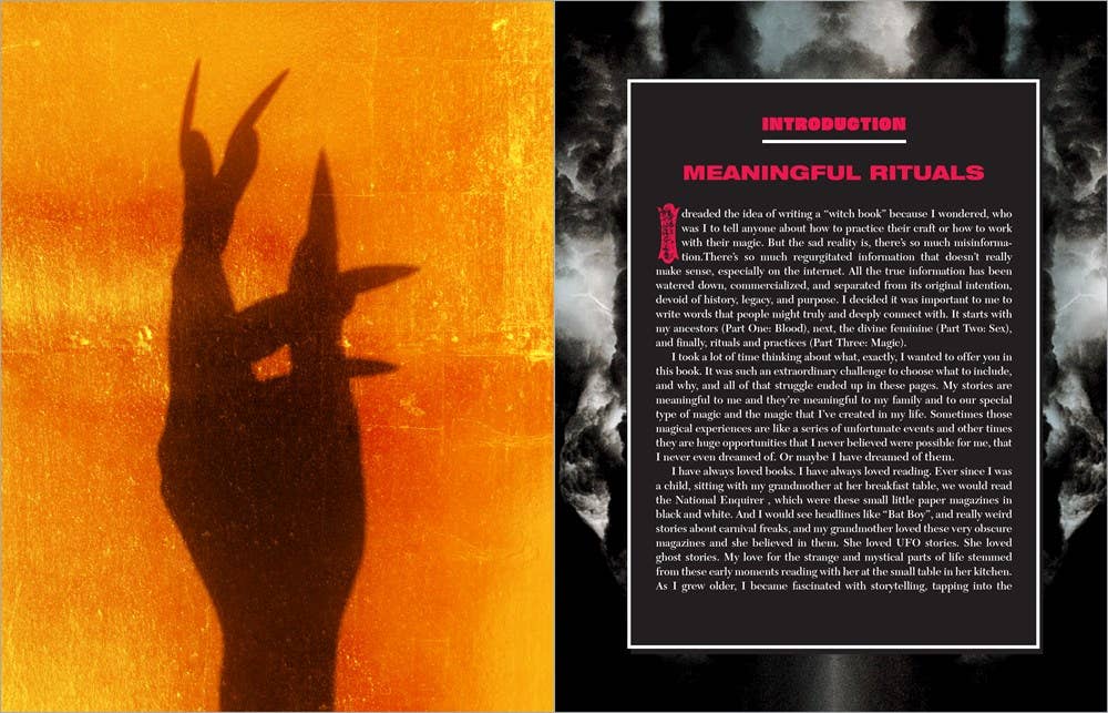 Book page with a silhouette of a hand and text on an orange and black background