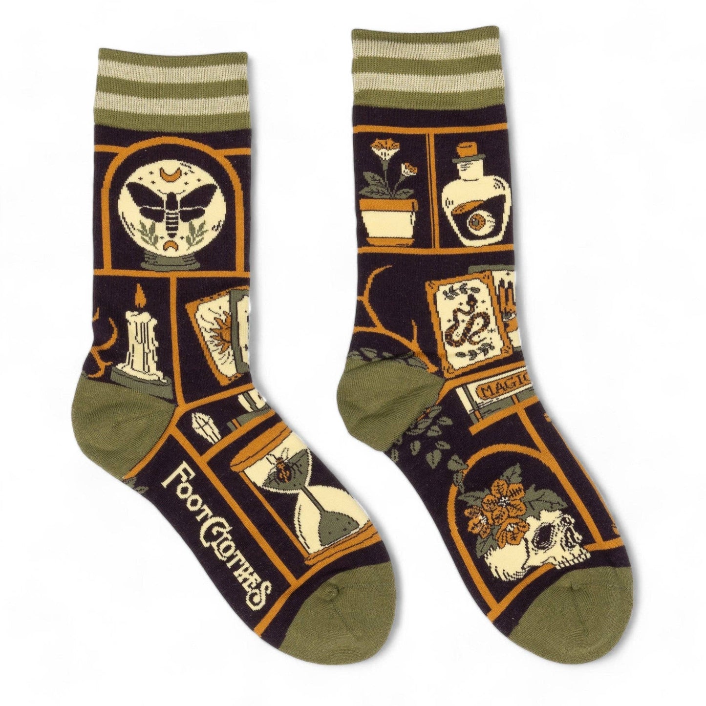 Pair of socks with a mystical design featuring symbols and text on a white background