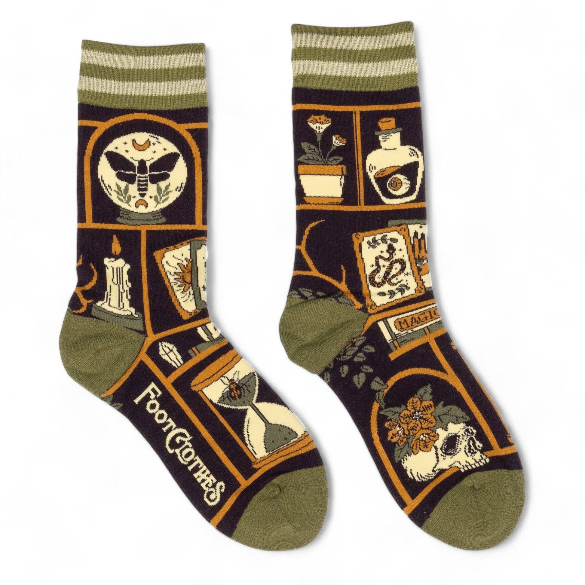 Pair of socks with a mystical design featuring symbols and text on a white background