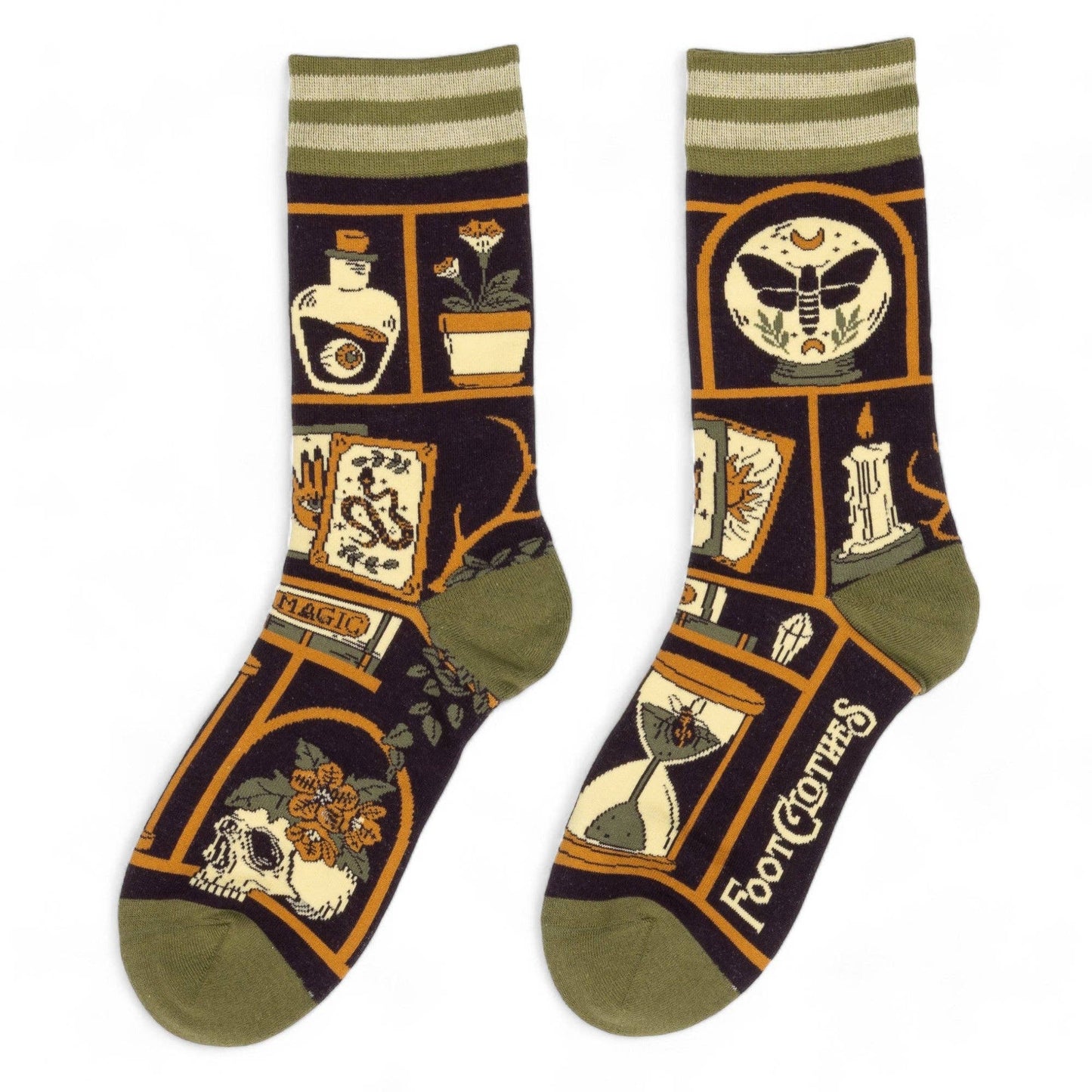 Pair of socks with decorative patterns on a white background