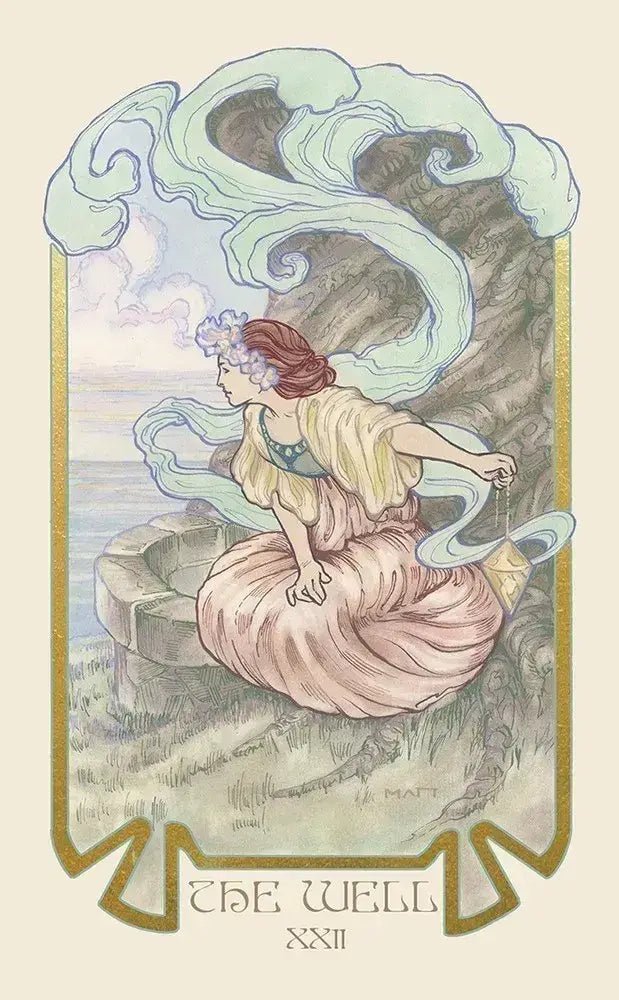 Artistic depiction of a fairy by a well with stylized waves and a pastel color palette.