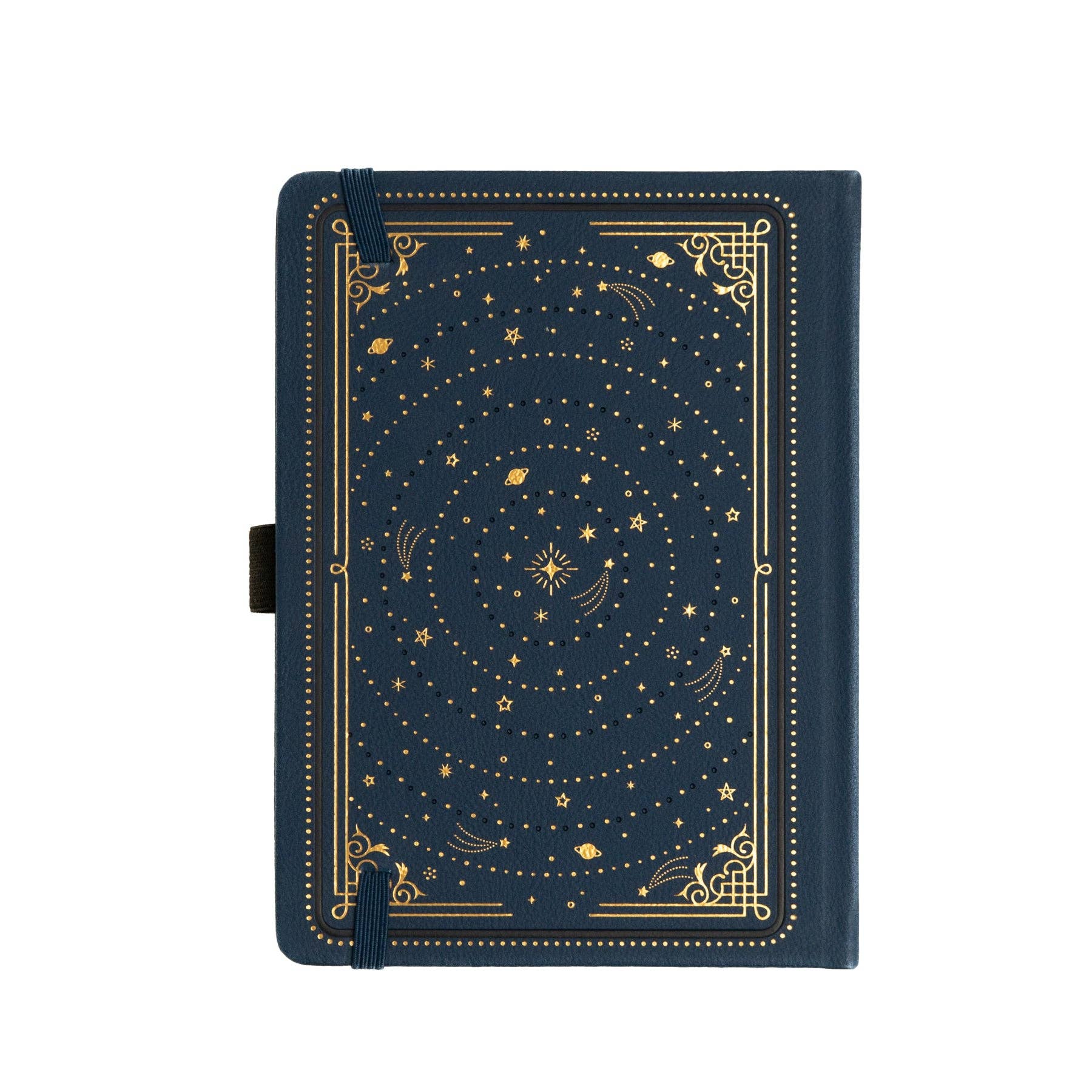 A dark navy blue hardcover journal featuring a gold celestial design with stars, constellations, and a decorative border, complete with an elastic closure band.