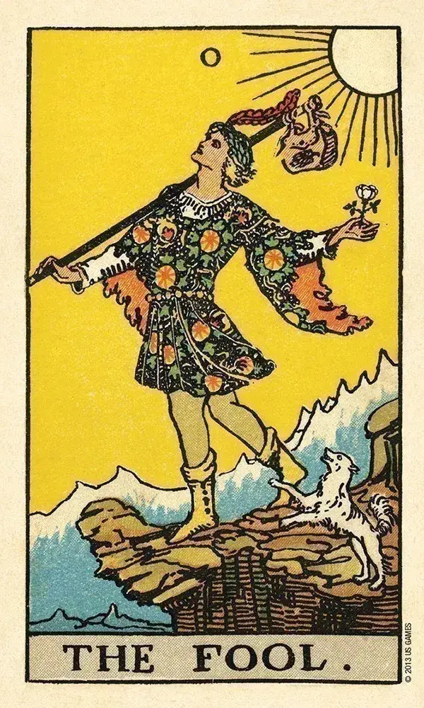 Tarot card titled 'The Fool' with a person holding a goat's head against a yellow background.