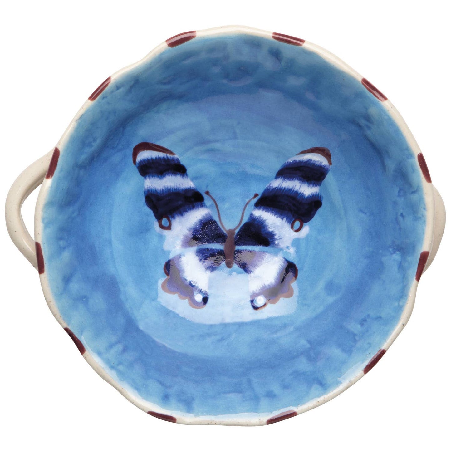 Ceramic bowl with a blue butterfly design on a white background