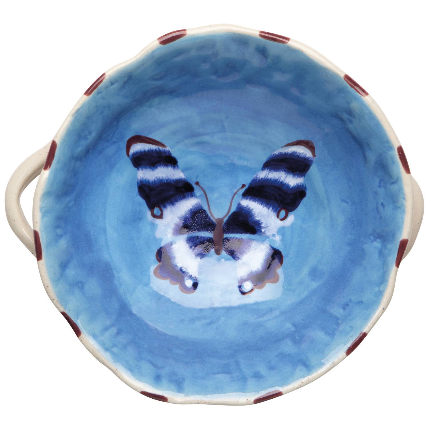 Ceramic bowl with a blue butterfly design on a white background