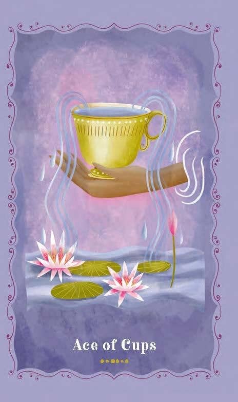 Tarot card illustration for 'Ace of Cups' featuring a golden cup held by a hand over water lilies on a purple background with a decorative border.