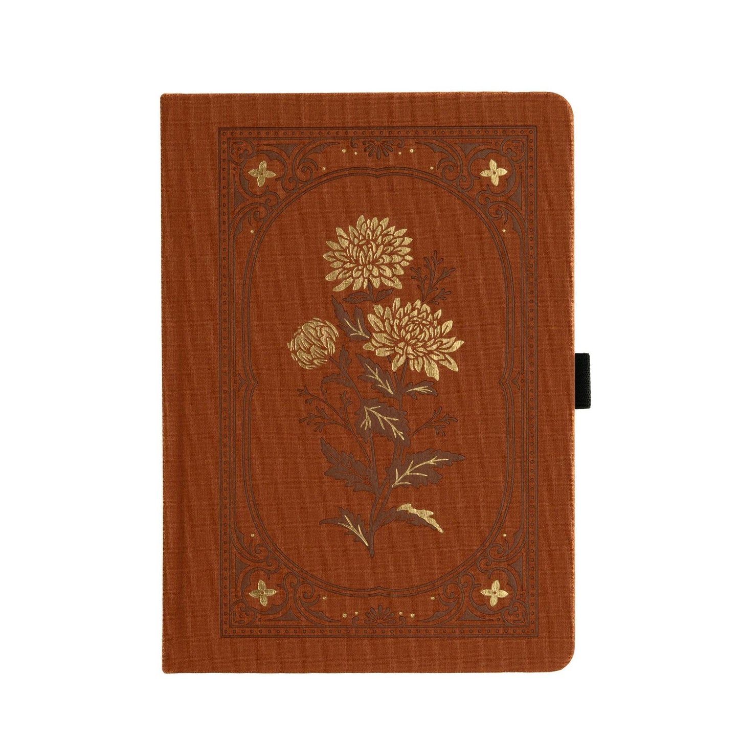 Red notebook with floral design on a white background