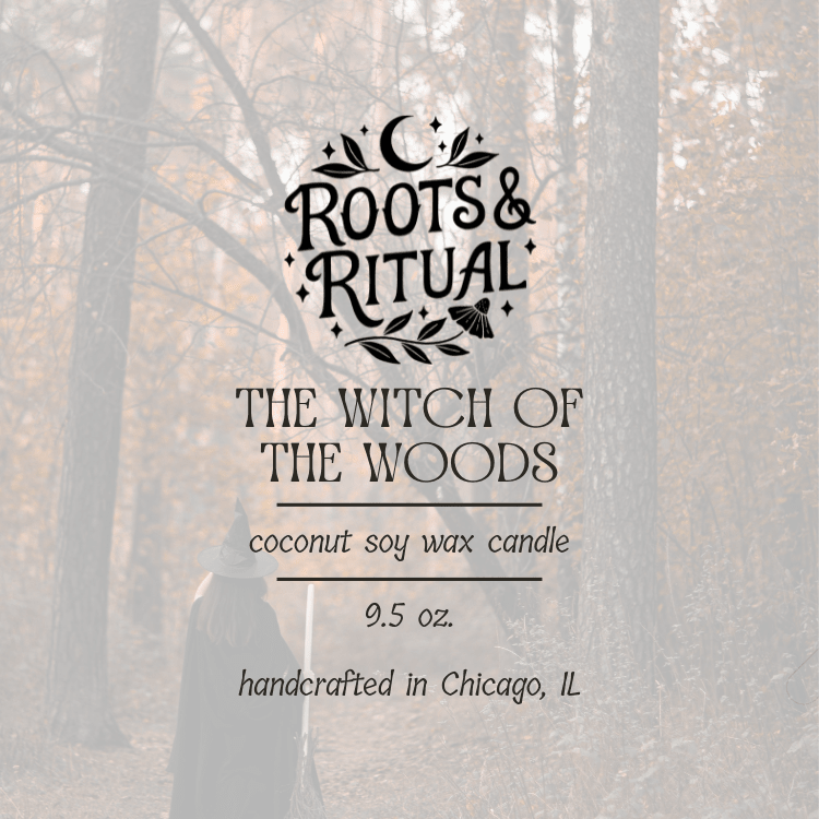Candle label for 'The Witch of the Woods' candle with a forest background