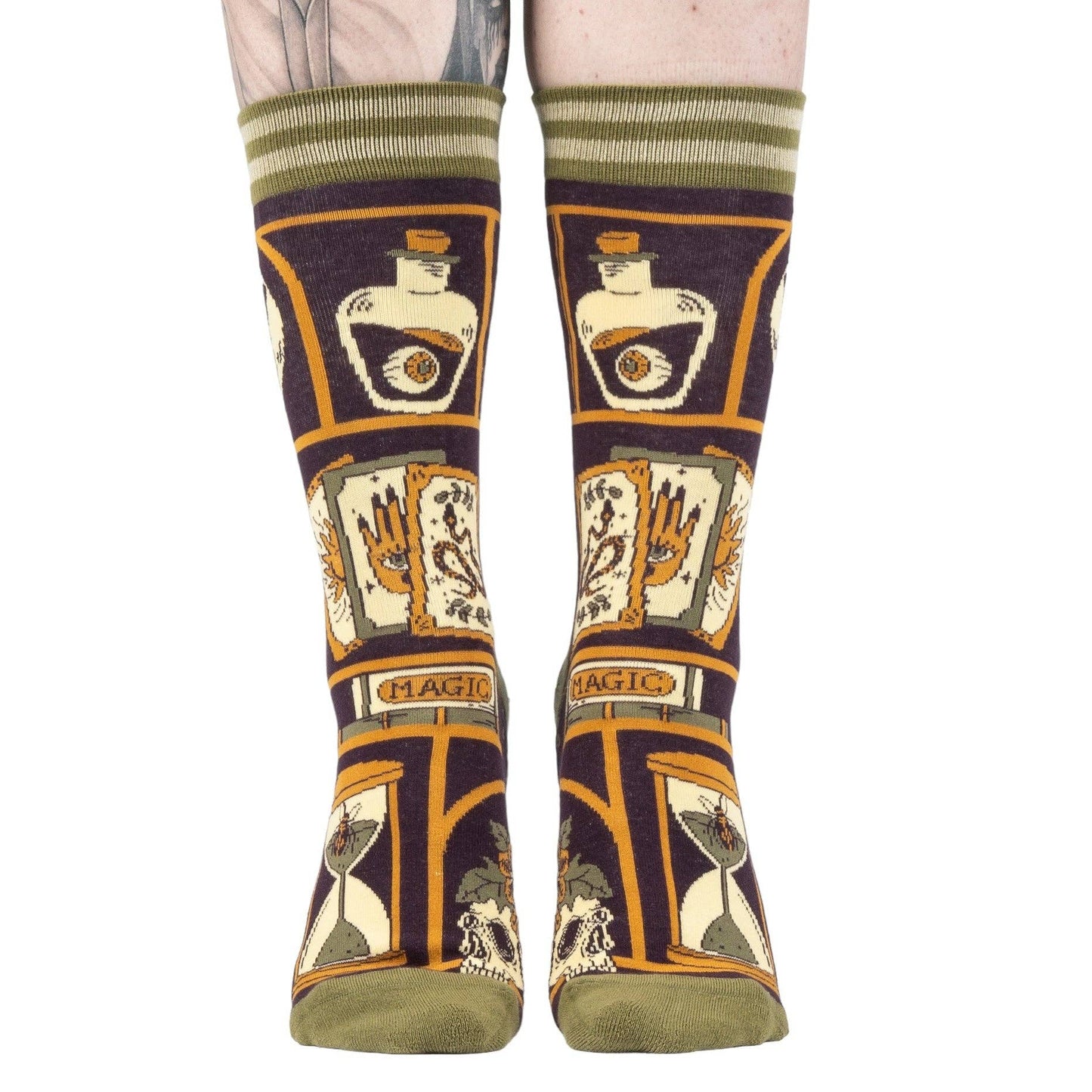 Colorful socks with tarot card design on a white background