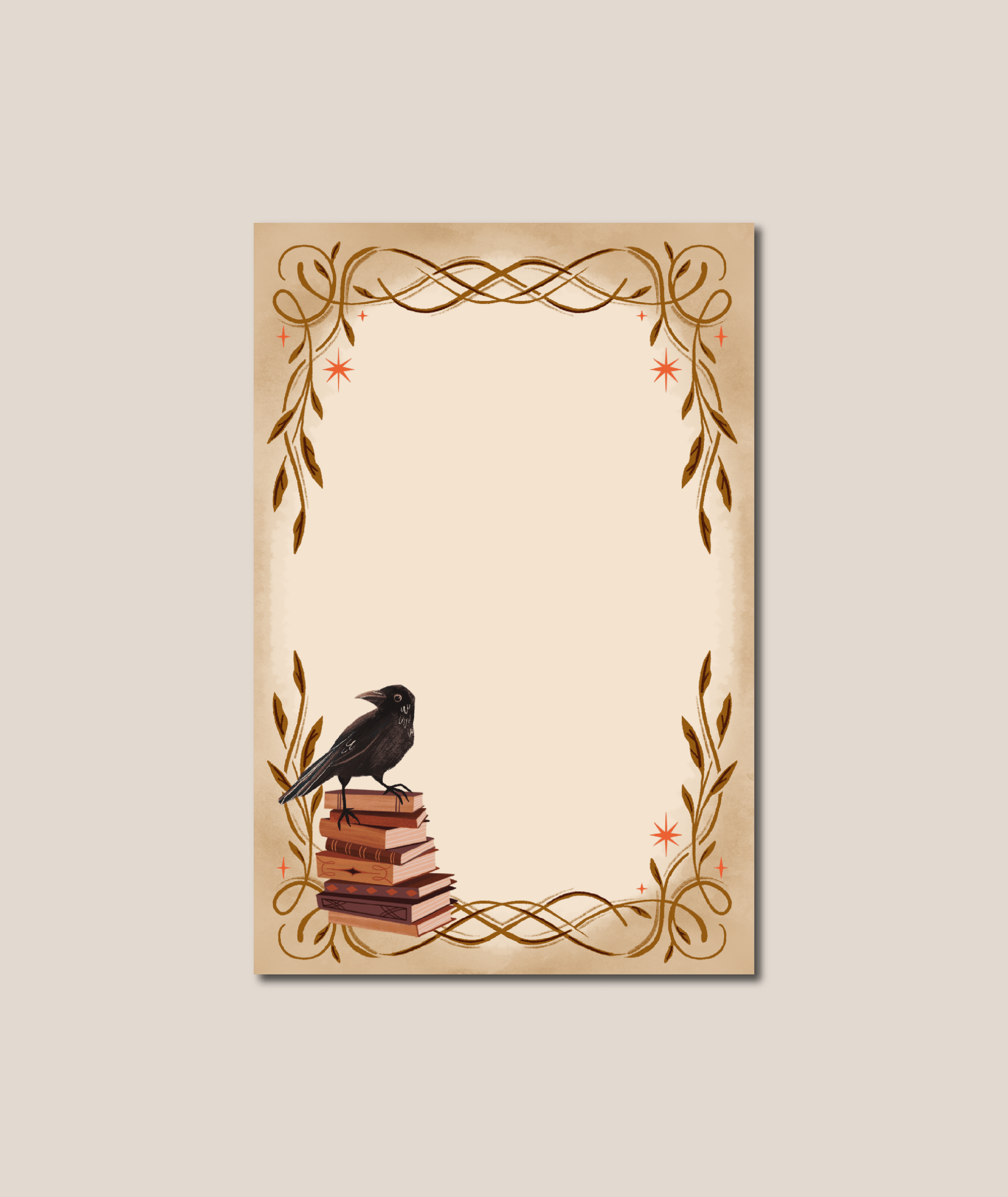 Notepad with a crow on books and decorative border on a beige background