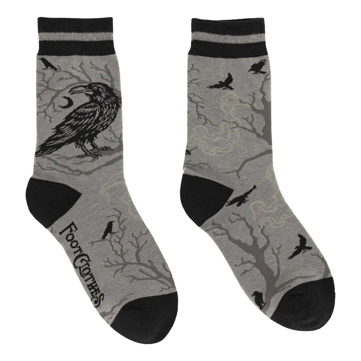 Gray socks with black crow design on a white background