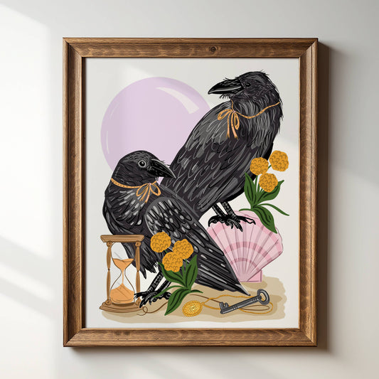 Two black crows with colorful flowers in a wood frame.