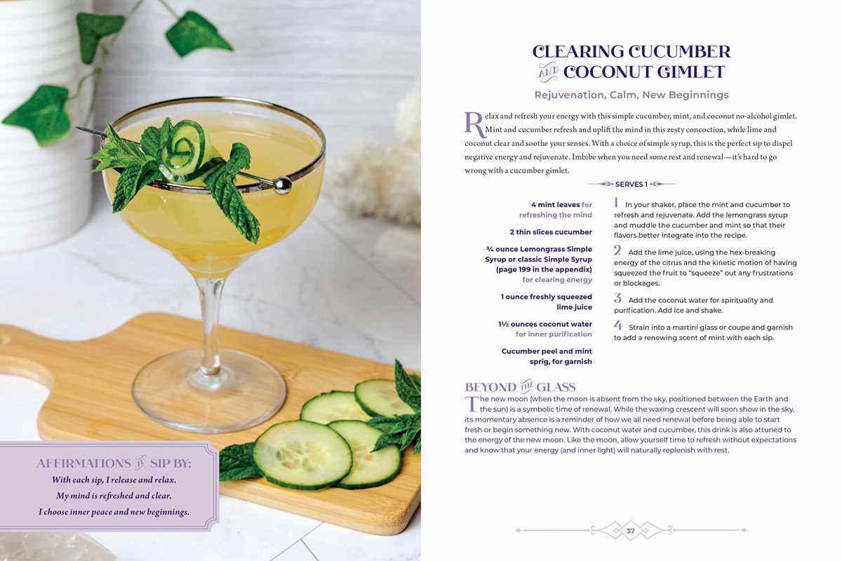 Cocktail glass with a cucumber garnish on a wooden board next to a recipe card.