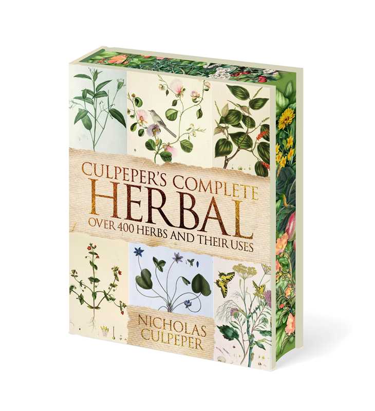 Book titled 'Culpeper's Complete Herbal' with botanical illustrations on a white background