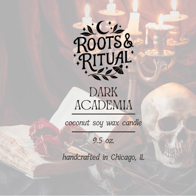 Candle packaging with 'Roots & Ritual' branding and a skull and candle background.