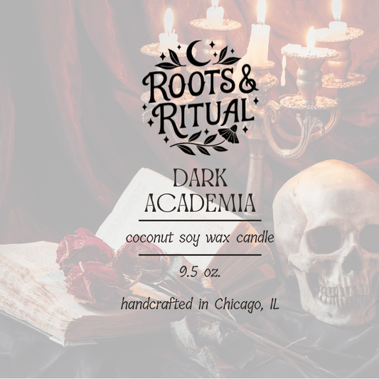 Candle packaging with 'Roots & Ritual' branding and a skull and candle background.