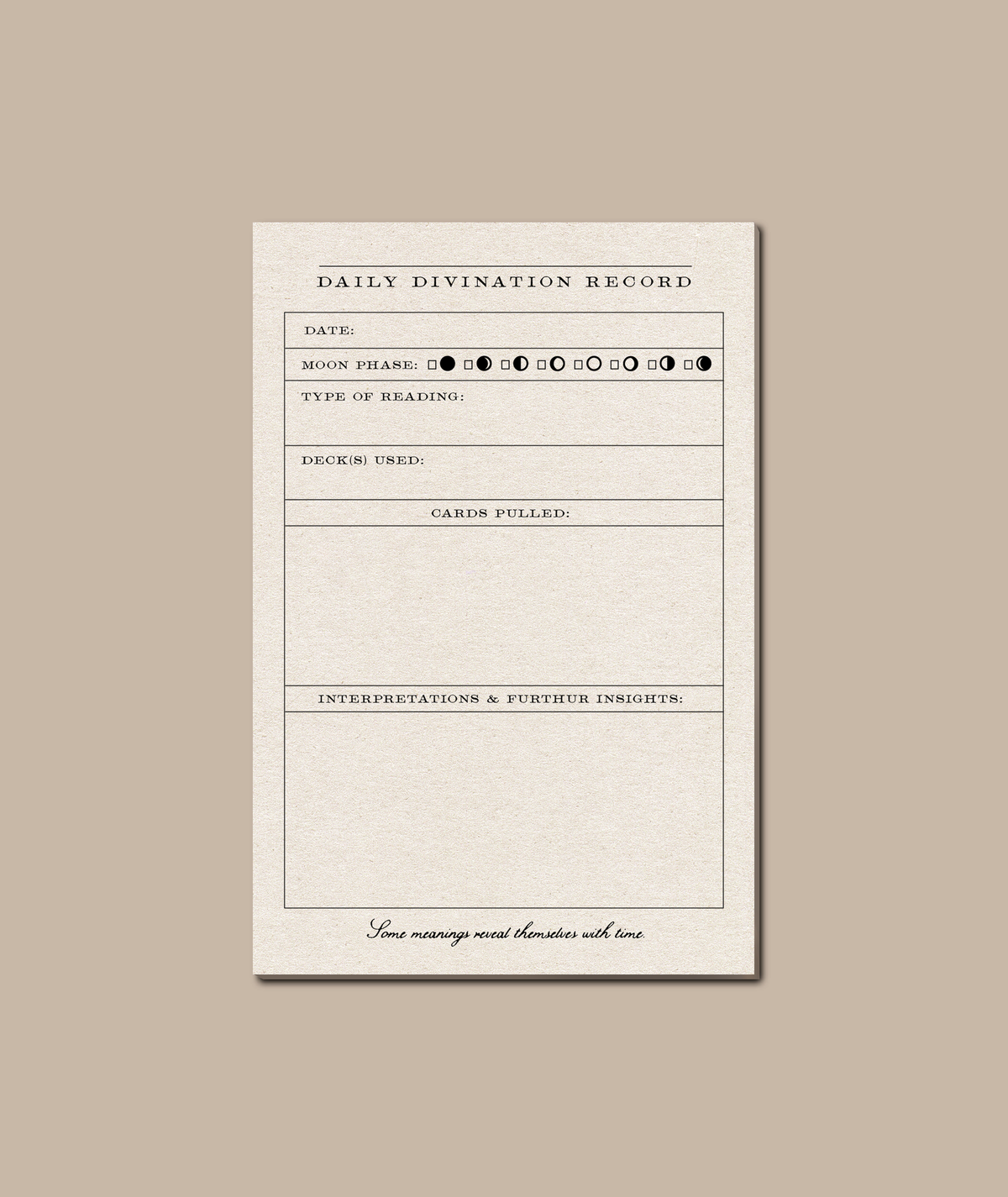 A single cream-colored divination card with black printed text and lines, titled 'DAILY DIVINATION RECORD,' centered on a warm beige background.