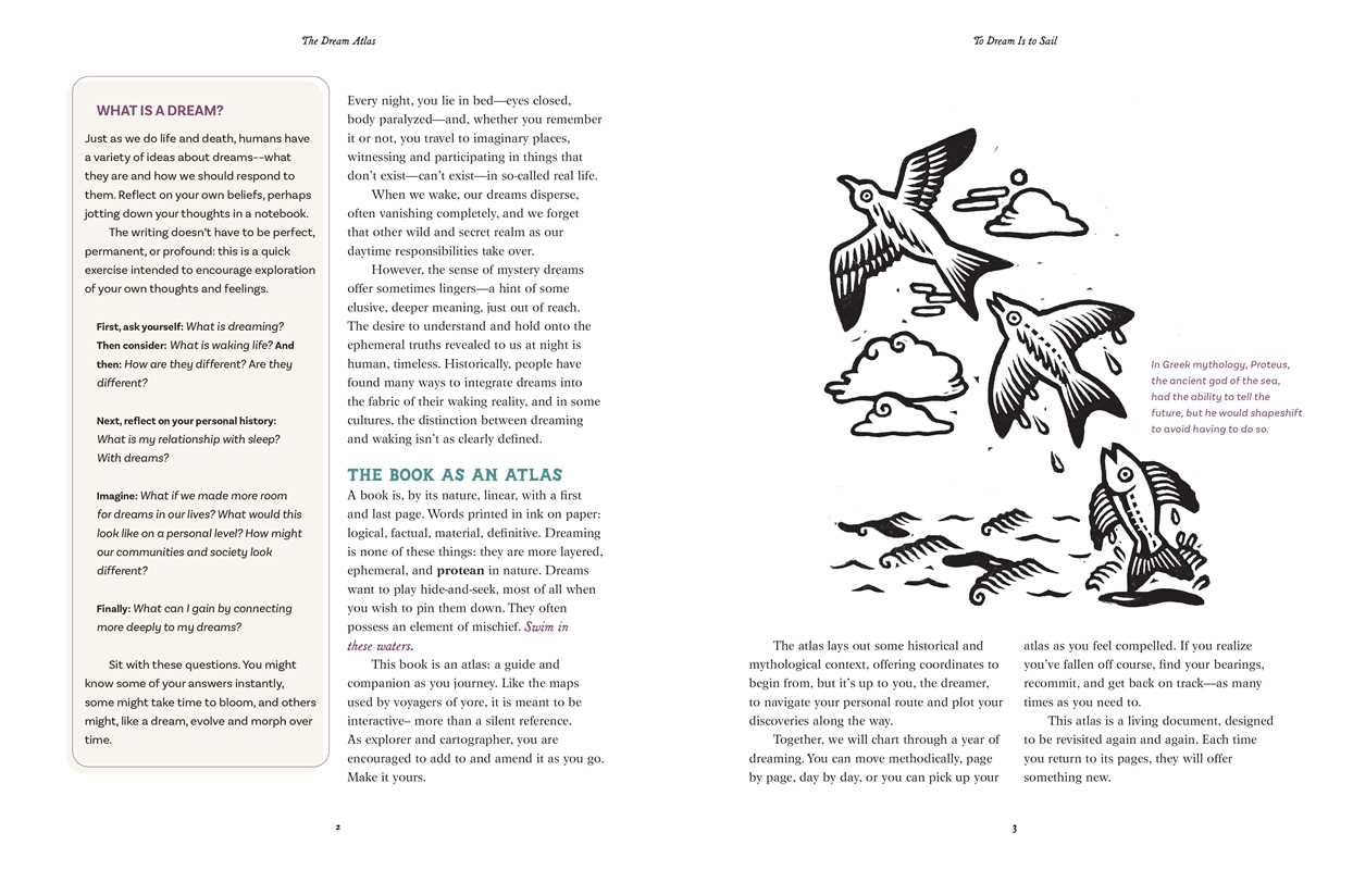 Book page with text and black and white illustrations of birds and fish.