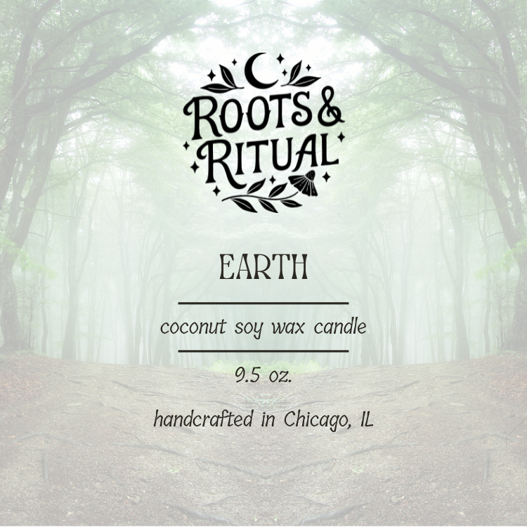 Roots & Ritual candle label with forest background