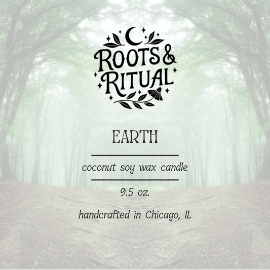 Roots & Ritual candle label with forest background