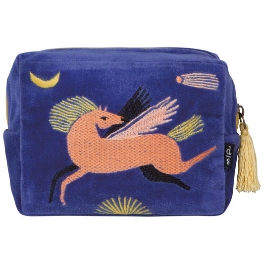 Blue pouch with embroidered design of a winged creature on a white background