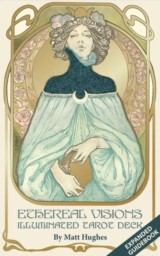 Cover of 'Ethereal Visions Illuminated Tarot Deck' by Matt Hughes with a stylized illustration of a woman holding a book.