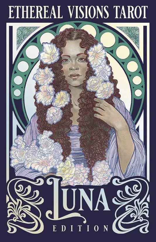 Cover of 'Ethereal Visions Tarot Luna Edition' with a woman with flowers in her hair and decorative text.