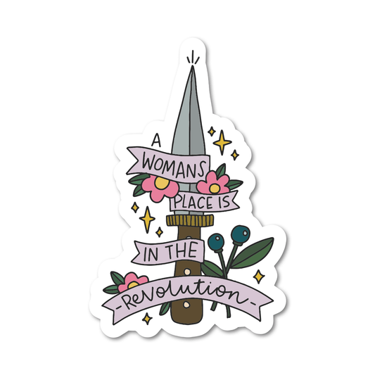 Sticker with a feminist design featuring a tower and floral elements on a white background.